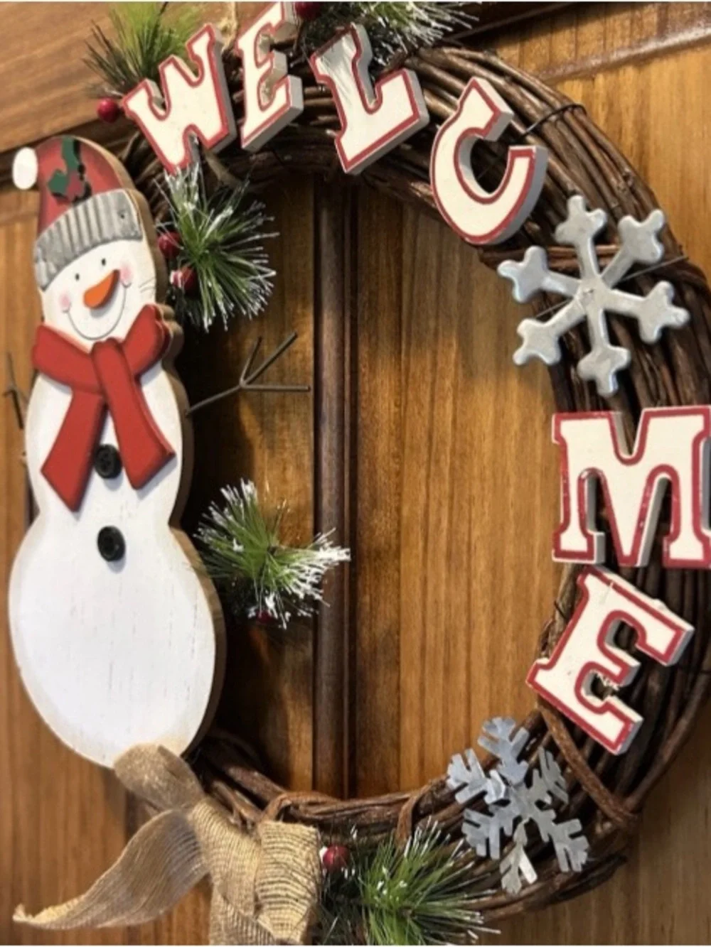 Christmas Welcome Wreath Door Decor Wall Hanging Wood Snowman Rustic Handcrafted